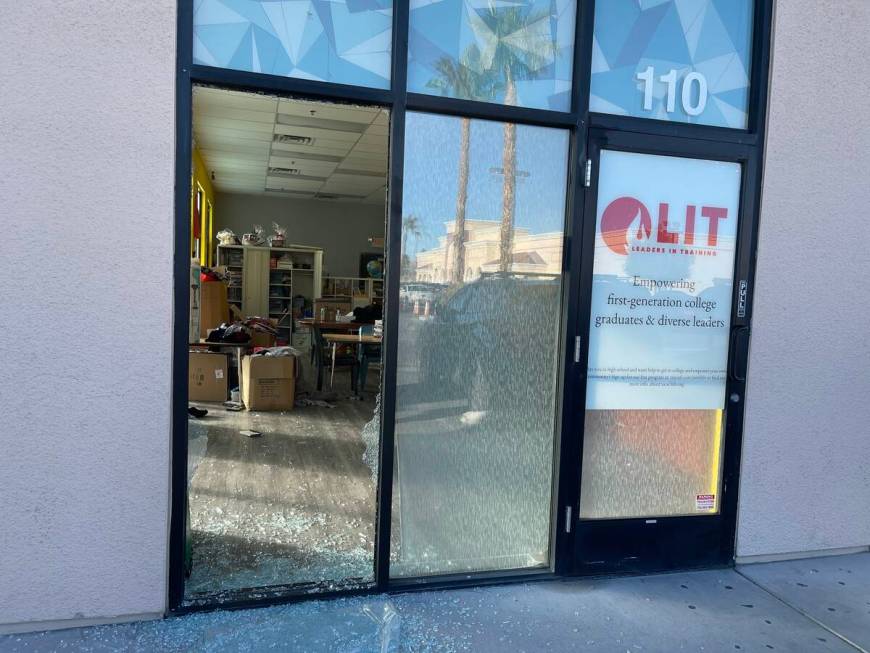A window left shattered after a burglary at Leaders in Training, January 2023. (courtesy)