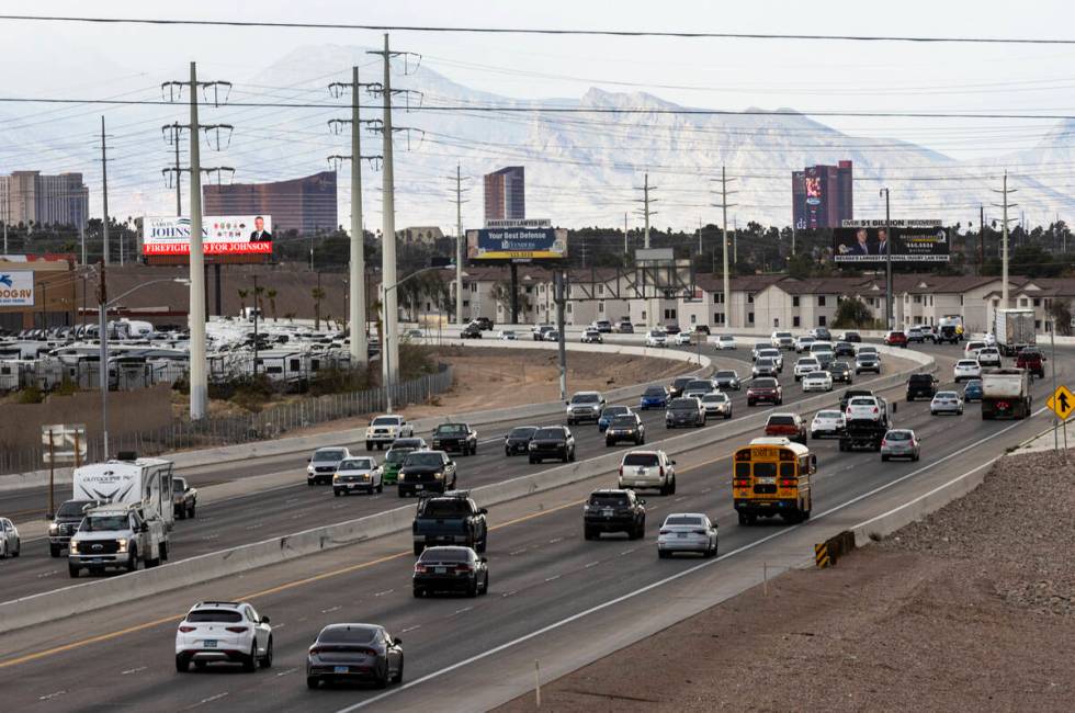 Motorists navigate on U.S. Highway 95, on Friday, March 10, 2023, as seen from Russell Road ove ...
