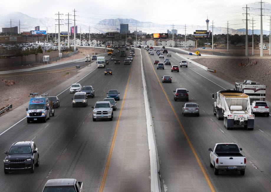 Motorists navigate on U.S. Highway 95, on Friday, March 10, 2023, as seen from Russell Road ove ...