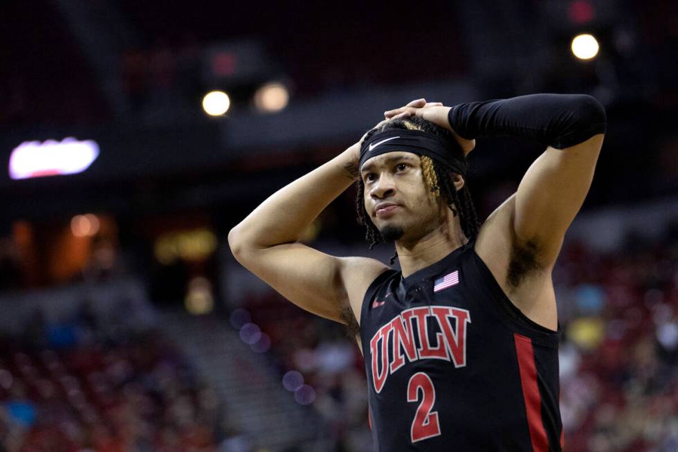 UNLV Rebels guard Justin Webster (2) reacts after the Boise State Broncos scored during the sec ...