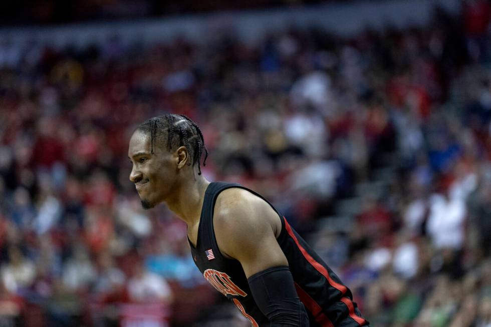 UNLV Rebels guard Shane Nowell (3) reacts after missing a shot during overtime in an NCAA colle ...