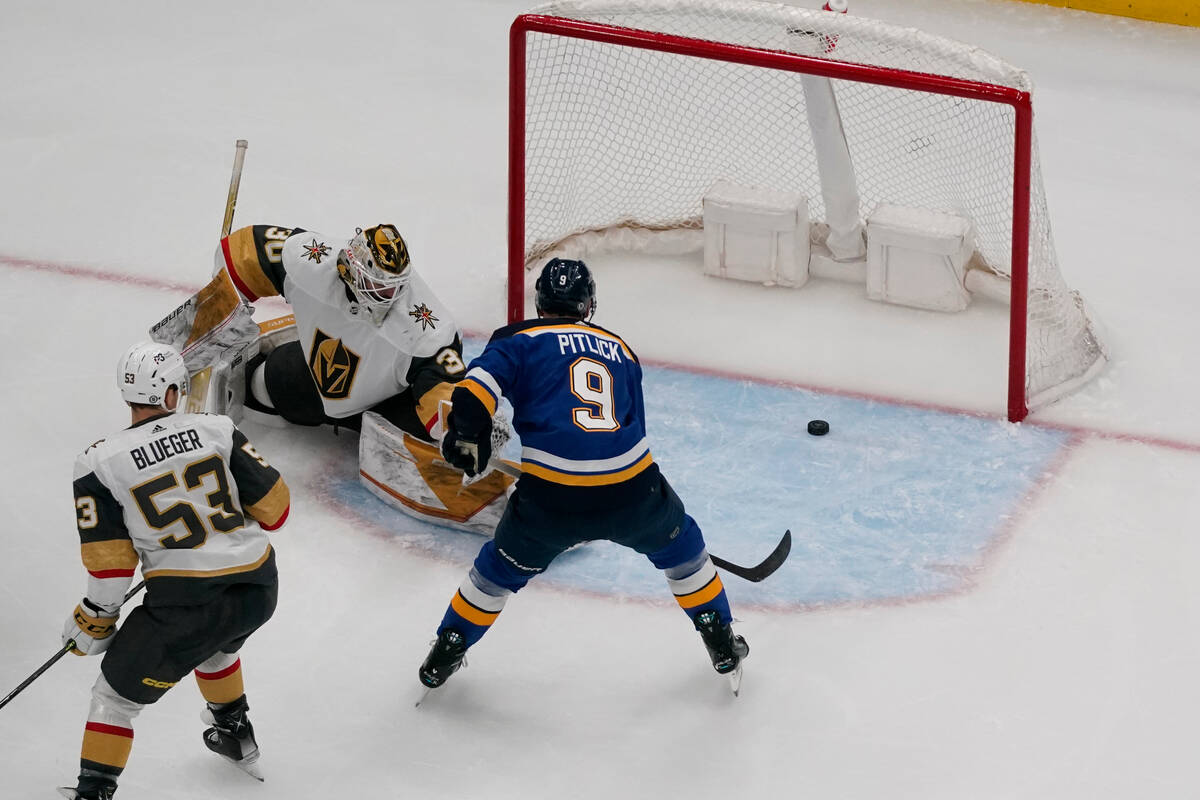 St. Louis Blues' Tyler Pitlick (9) scores past Vegas Golden Knights goaltender Jiri Patera as G ...