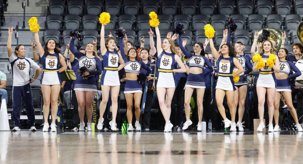 UC Irvine Anteaters cheerleaders perform during the first half of an NCAA college basketball ga ...