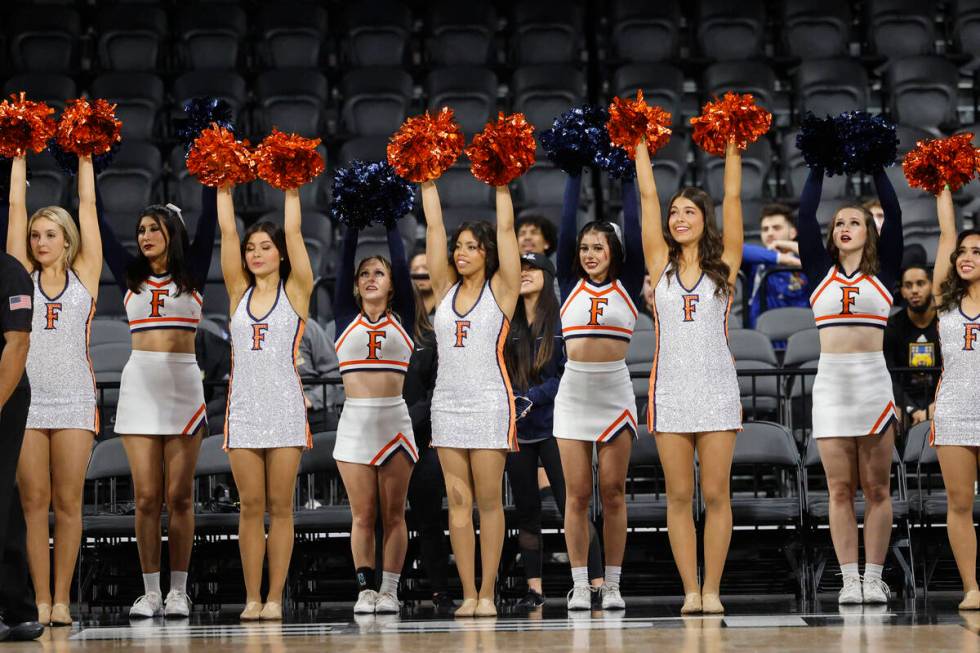 Cal State Fullerton Titans cheerleaders perform during the second half of an NCAA college baske ...