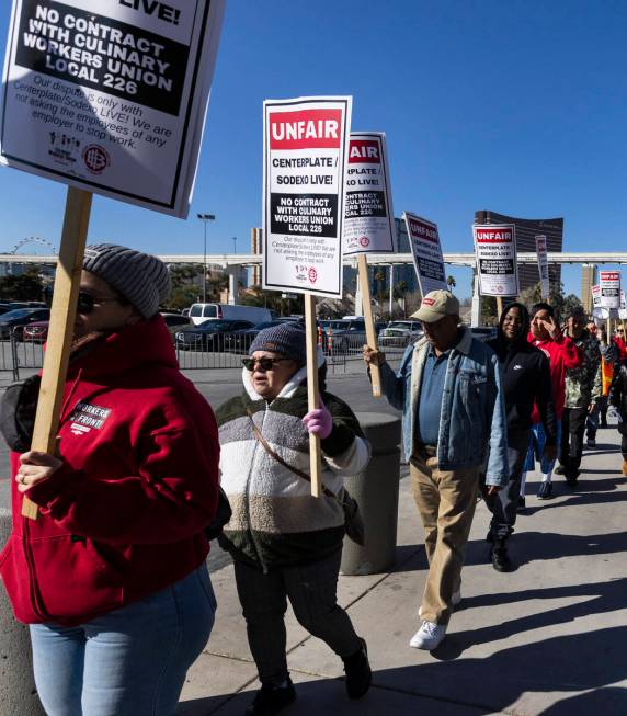 Culinary Union workers picket in front of the Las Vegas Convention Center, on Thursday, Feb.16, ...