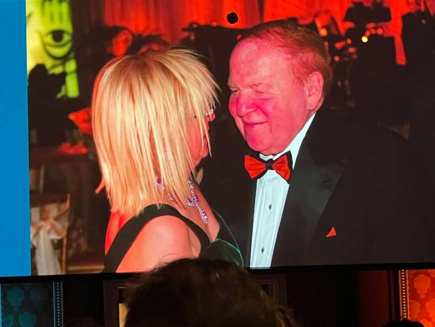 A photo of Sheldon and Dr. Miriam Adelson is shown during a video tribute during the Adelson Ed ...