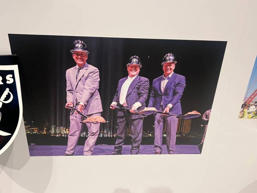 A photo of former Raiders exec Marc Badain, team owner Mark Davis and NFL Commissioner Roger Go ...