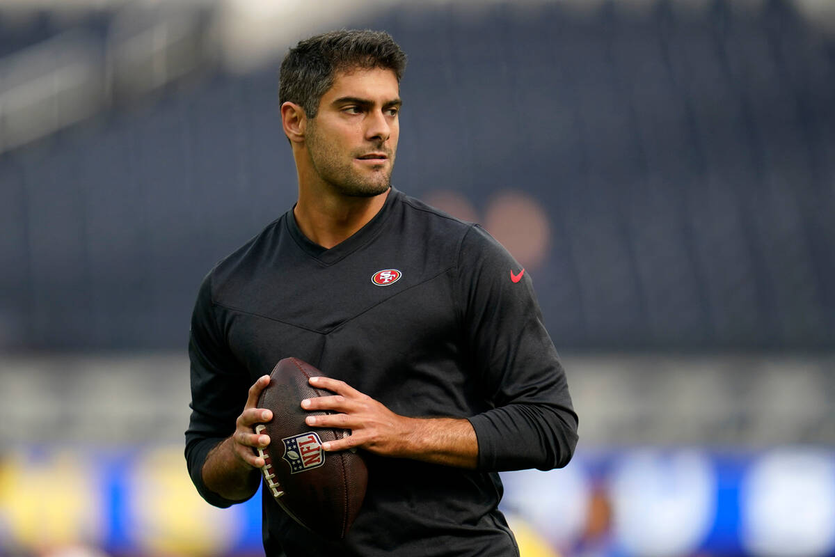 San Francisco 49ers quarterback Jimmy Garoppolo is shown on Oct. 30, 2022, in Inglewood, Calif. ...