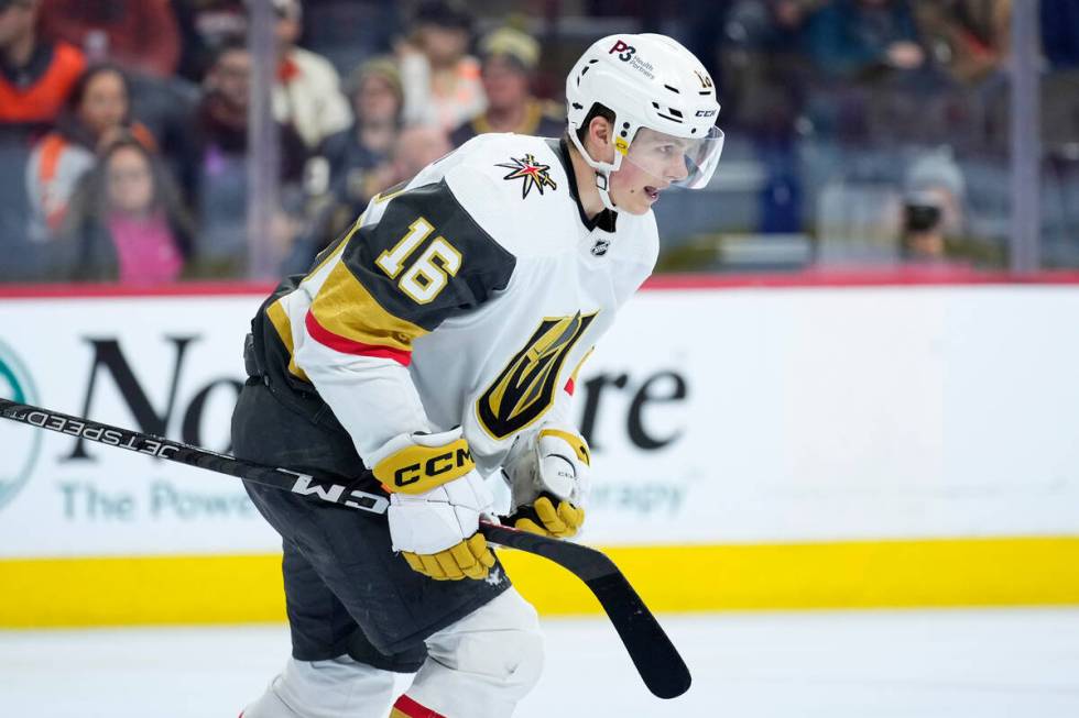 Vegas Golden Knights' Pavel Dorofeyev reacts after scoring a goal during the first period of an ...