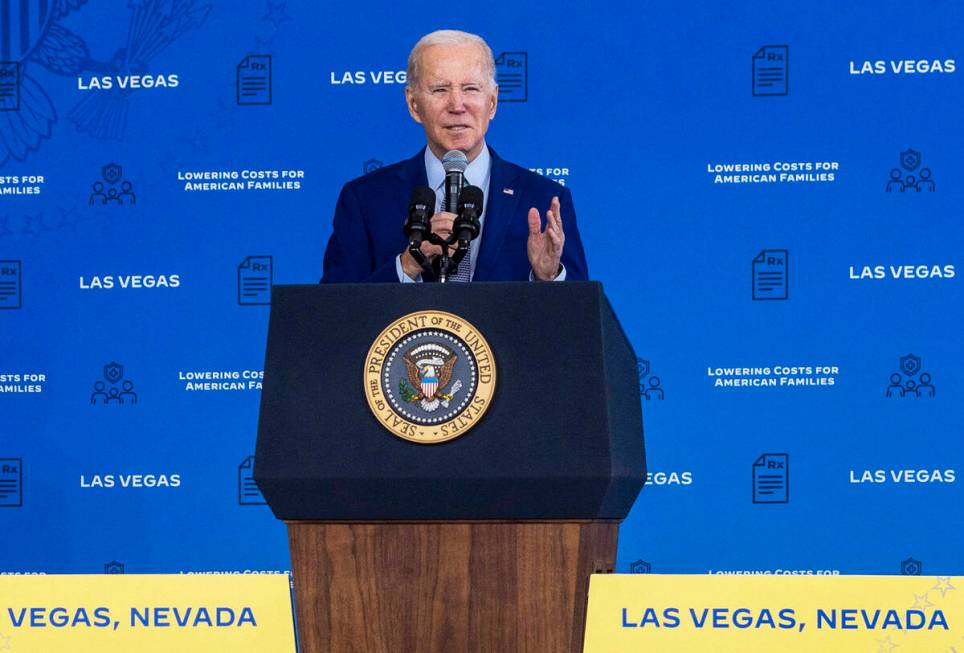 President Joe Biden talks about lowering prescription drug costs during a speech in the UNLV Wi ...