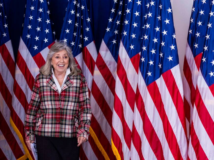 Congresswoman Dina Titus arrives to speak before President Joe Biden talks about lowering presc ...