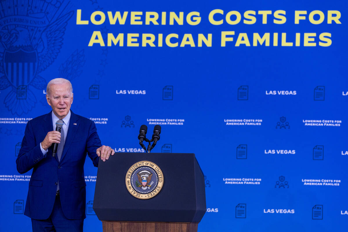 President Joe Biden talks about lowering prescription drug costs during a speech in the UNLV Wi ...