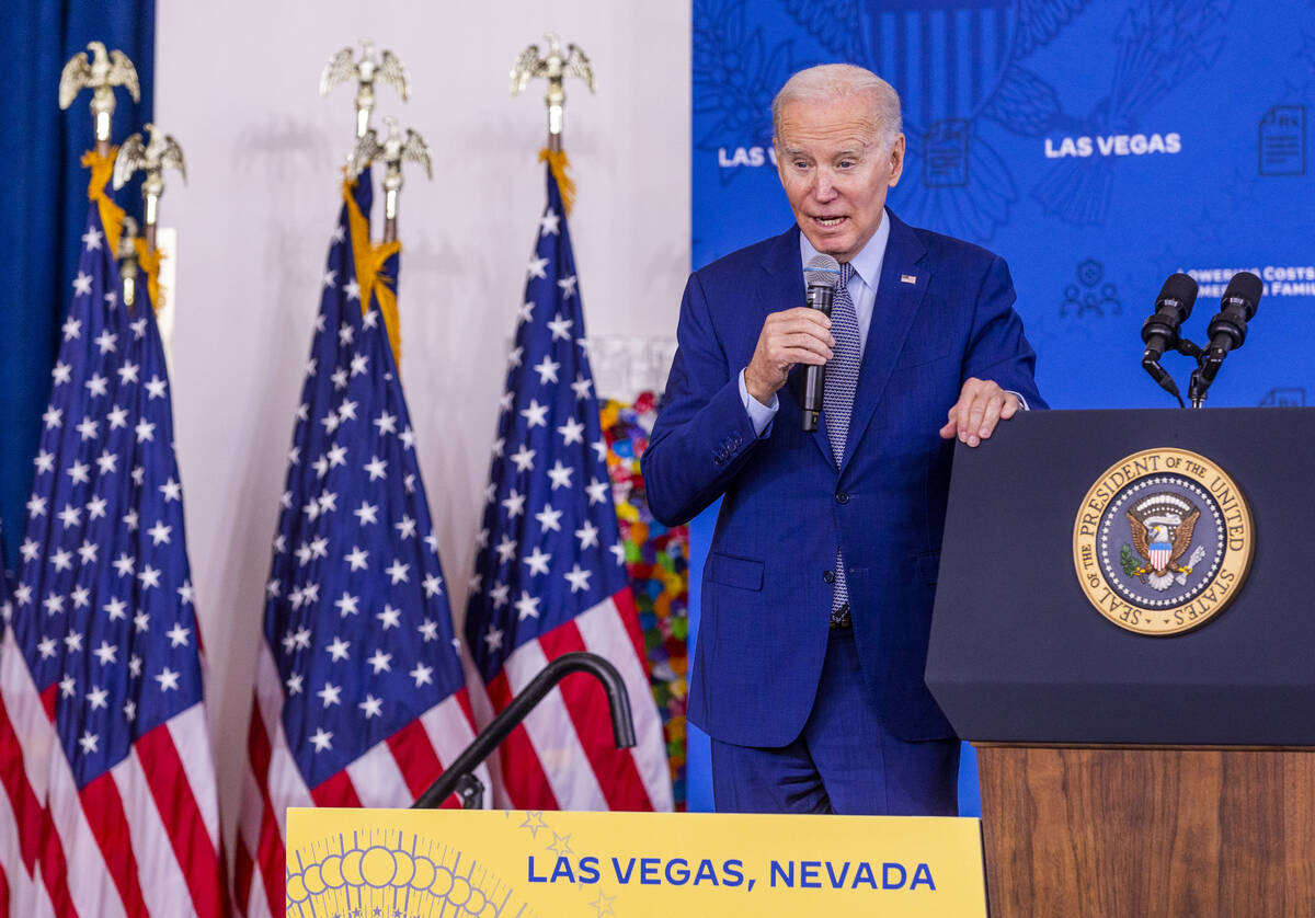 President Joe Biden talks about lowering prescription drug costs during a speech in the UNLV Wi ...