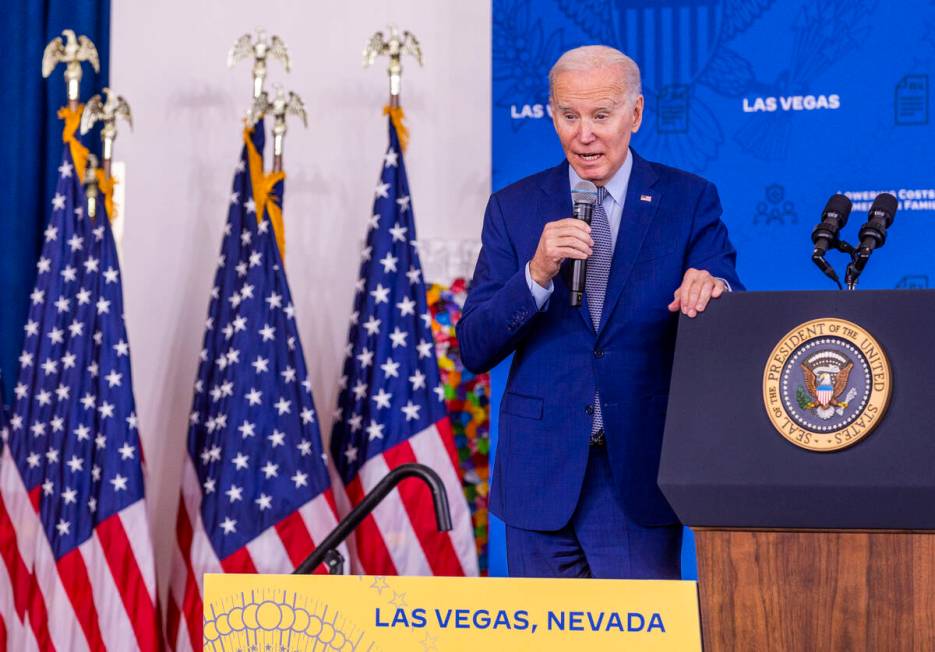 President Joe Biden talks about lowering prescription drug costs during a speech in the UNLV Wi ...