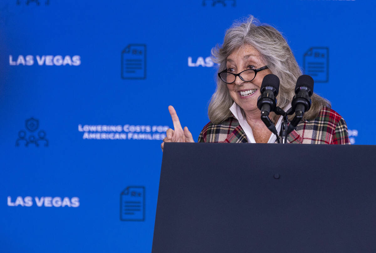 Congresswoman Dina Titus speaks before President Joe Biden takes the stage about lowering presc ...