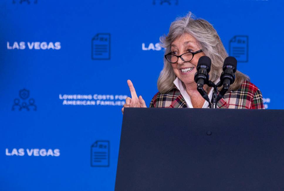 Congresswoman Dina Titus speaks before President Joe Biden takes the stage about lowering presc ...