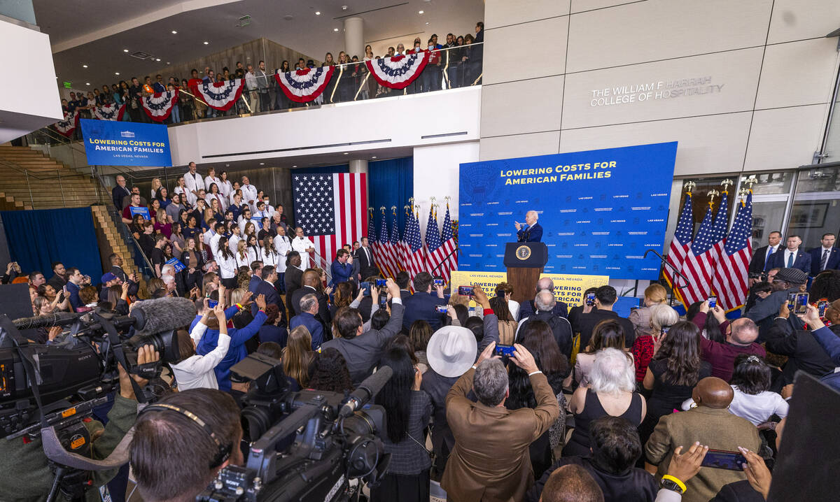 President Joe Biden talks about lowering prescription drug costs during a speech in the UNLV Wi ...