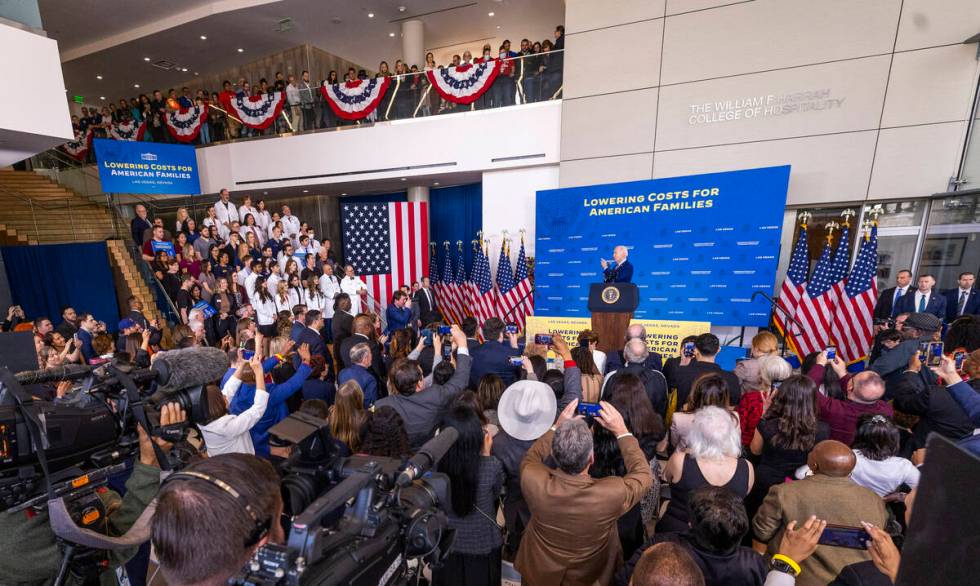 President Joe Biden talks about lowering prescription drug costs during a speech in the UNLV Wi ...