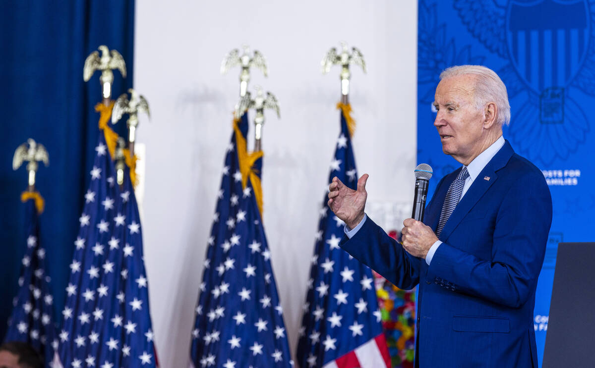 President Joe Biden talks about lowering prescription drug costs during a speech in the UNLV Wi ...