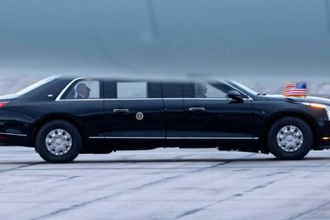 President Joe Biden leaves the tarmac after arriving at Harry Reid International Airport on Tue ...