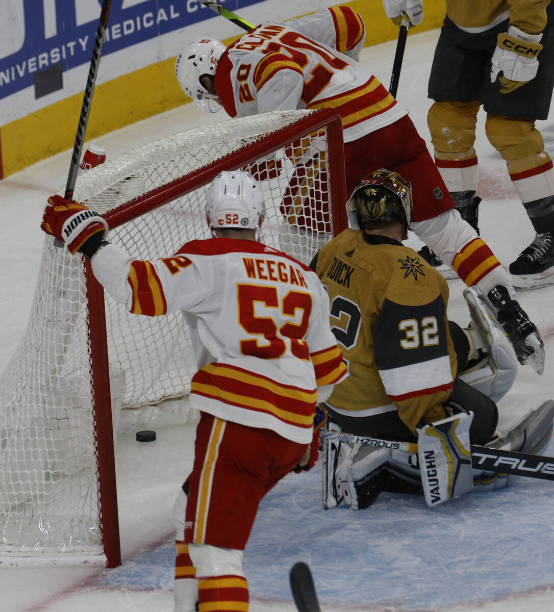 Calgary Flames center Blake Coleman (20) scores a goal against Vegas Golden Knights goaltender ...