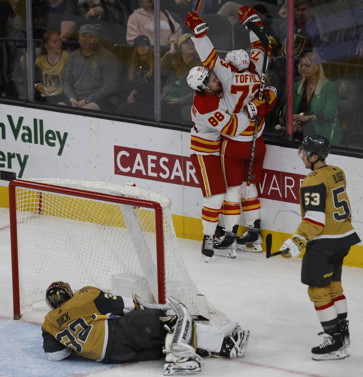 Calgary Flames right wing Tyler Toffoli (73) celebrates his goal against Vegas Golden Knights g ...