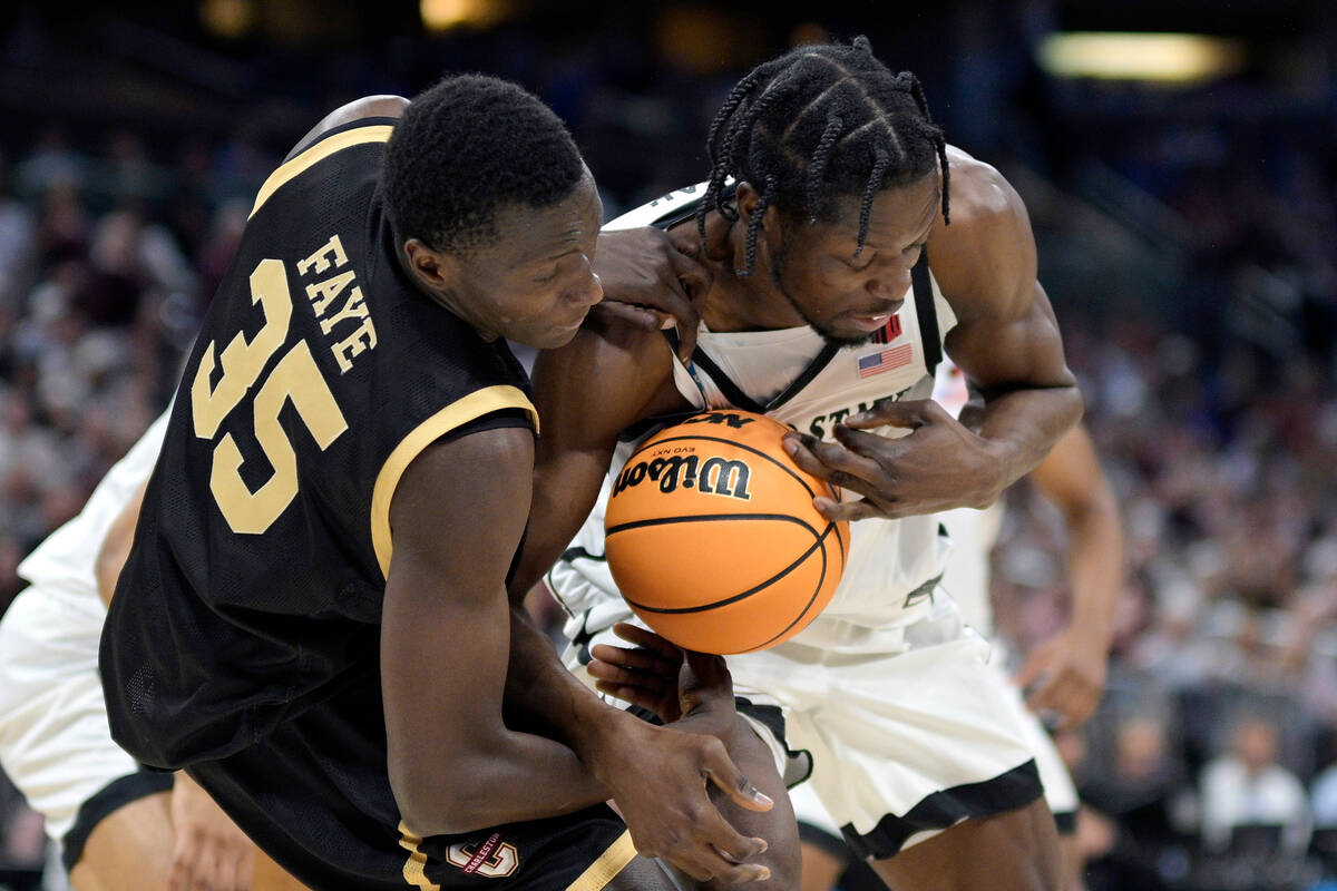 Charleston forward Babacar Faye (35) and San Diego State forward Nathan Mensah, right, compete ...