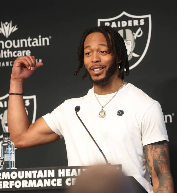 Newly acquired Raiders wide receiver Jakobi Meyers addresses the media at Raiders Headquar ...