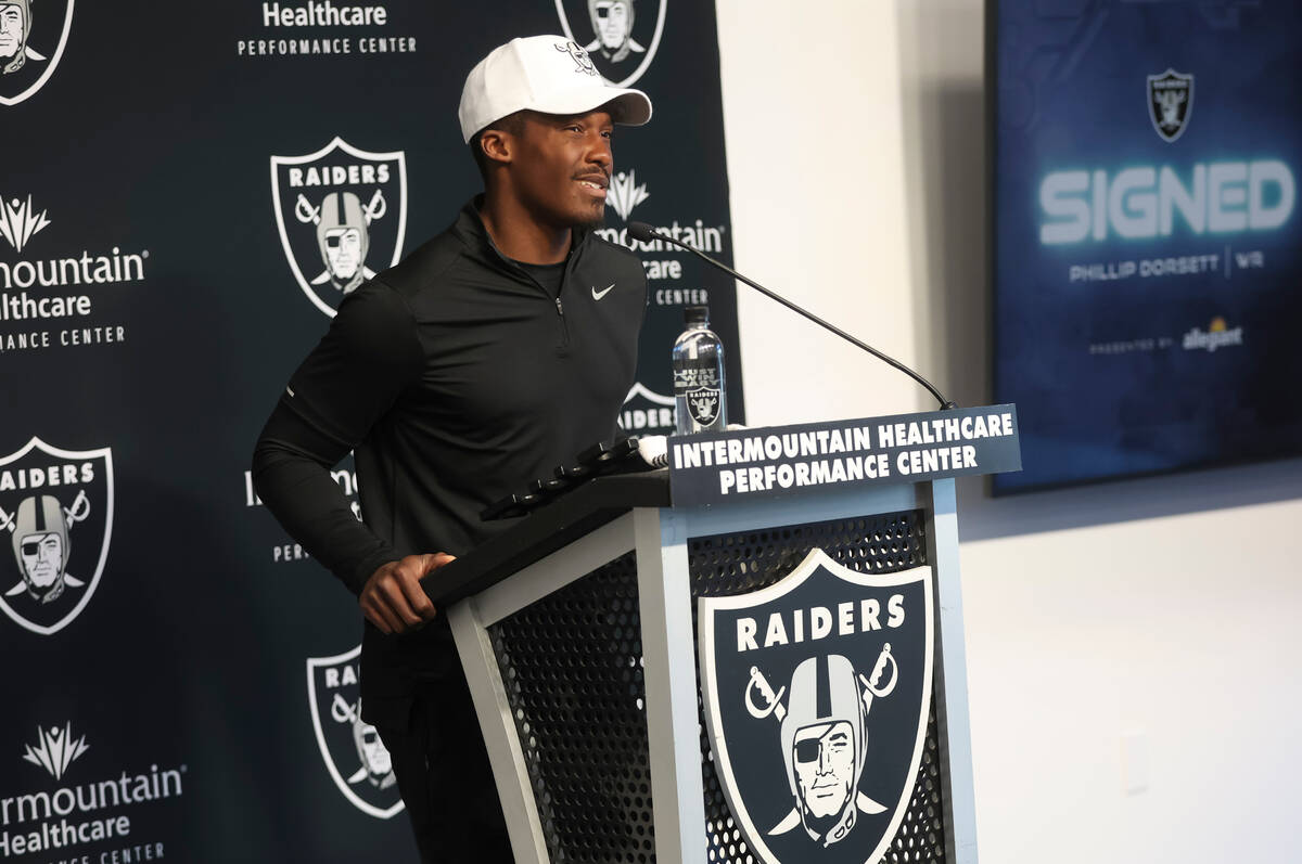 Newly acquired Raiders wide receiver Phillip Dorsett addresses the media at Raiders Headquarte ...