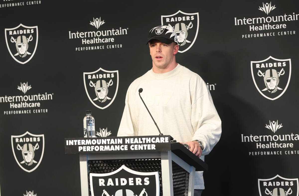 Newly acquired Raiders linebacker Robert Spillane addresses the media at Raiders Headquarters a ...