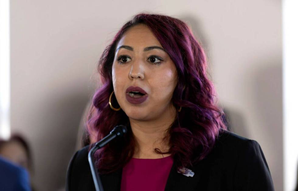 Assemblywoman Selena Torres, D-Las Vegas, speaks in a press conference on Monday, Feb. 6, 2023, ...