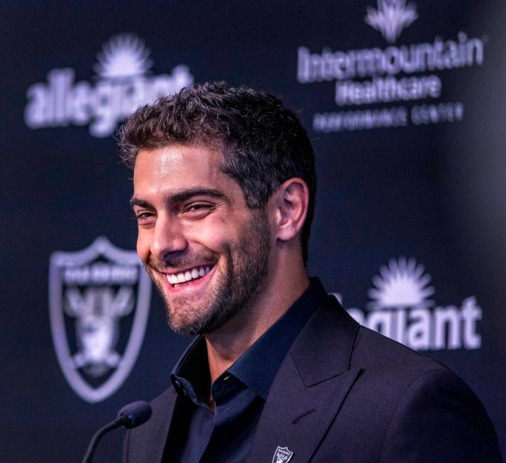 Jimmy Garoppolo laughs from a question during a press conference at the Raiders Headquarters an ...