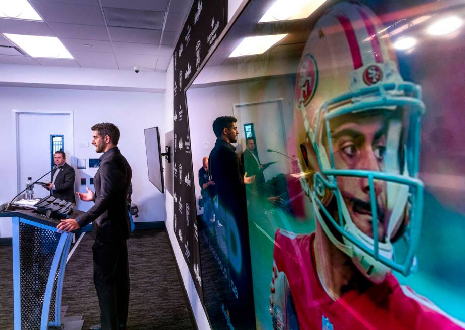 Jimmy Garoppolo answers a question during a press conference at the Raiders Headquarters and In ...