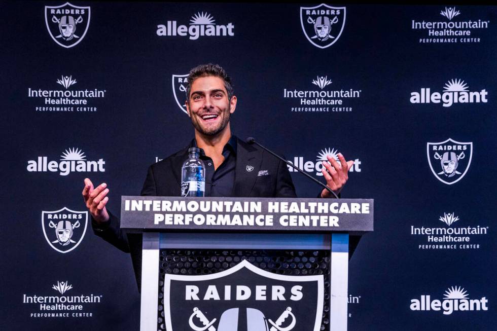 Jimmy Garoppolo answers a question during a press conference at the Raiders Headquarters and In ...