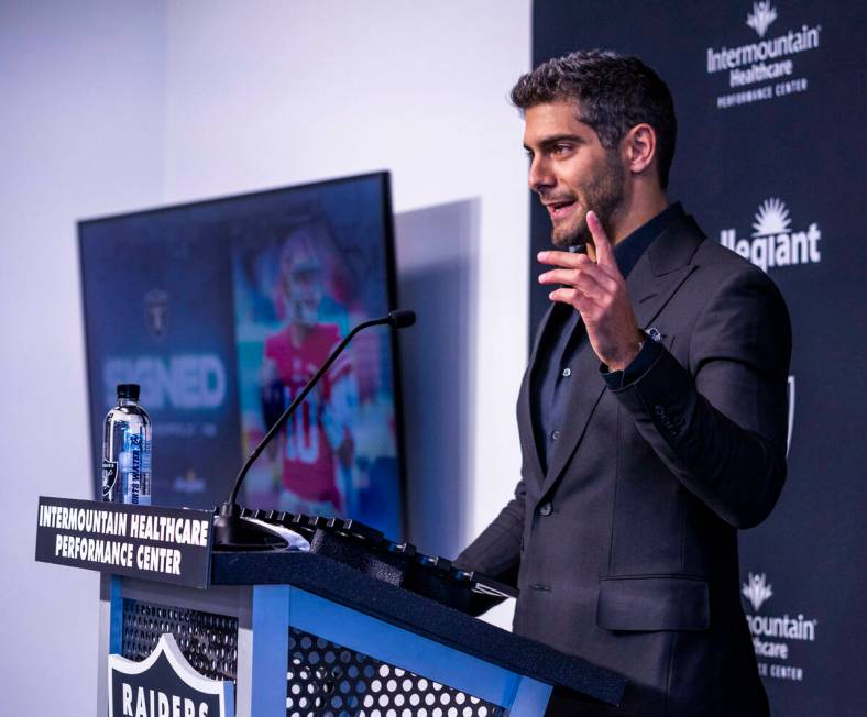 Jimmy Garoppolo speaks during a press conference at the Raiders Headquarters and Intermountain ...