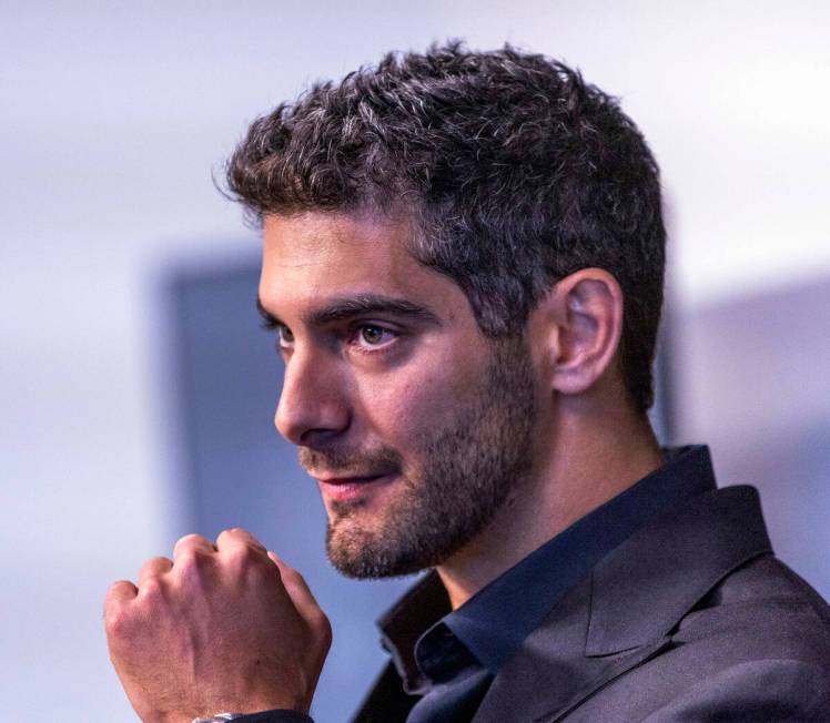 Jimmy Garoppolo listens to a question during a press conference at the Raiders Headquarters and ...