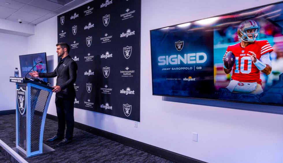 Jimmy Garoppolo answers a question during a press conference at the Raiders Headquarters and In ...