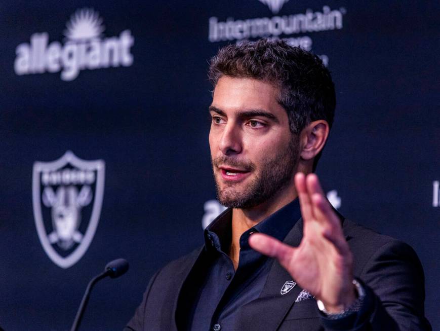 Jimmy Garoppolo speaks during a press conference at the Raiders Headquarters and Intermountain ...