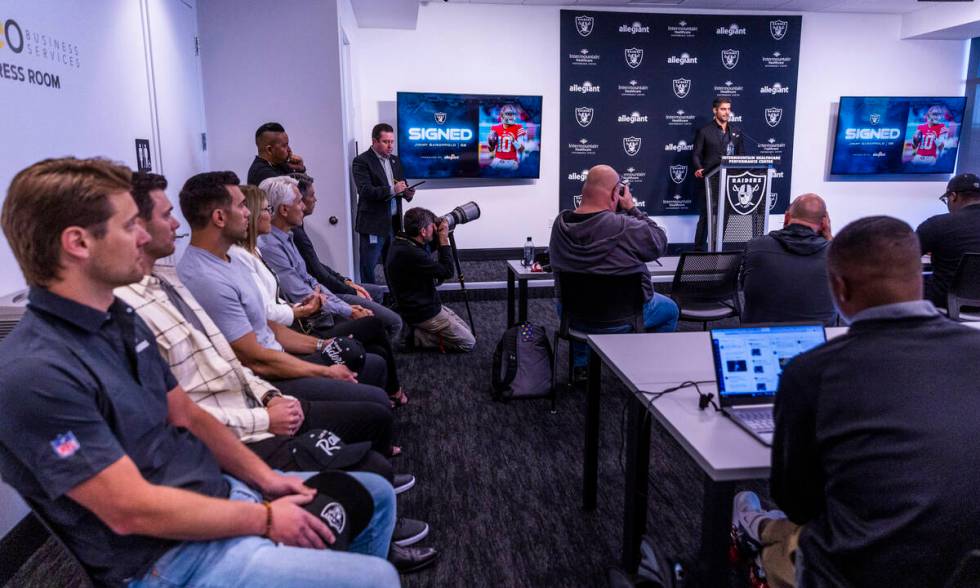 Jimmy Garoppolo speaks joined by his family, left, during a press conference at the Raiders Hea ...