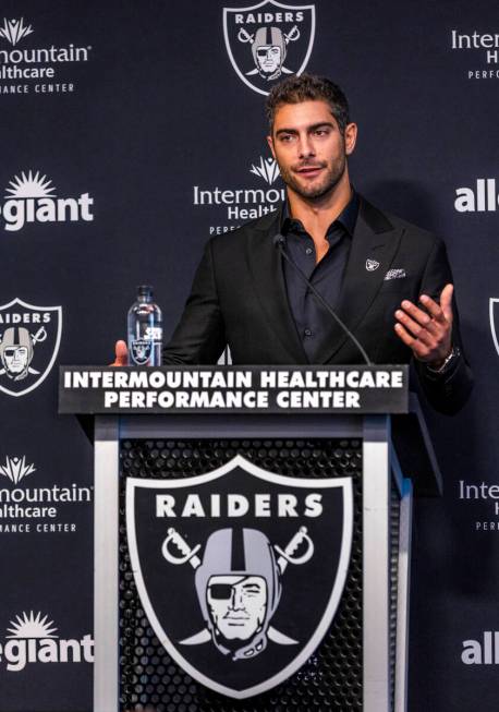 Jimmy Garoppolo speaks during a press conference at the Raiders Headquarters and Intermountain ...