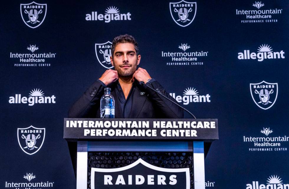 Jimmy Garoppolo considers a response during a press conference at the Raiders Headquarters and ...