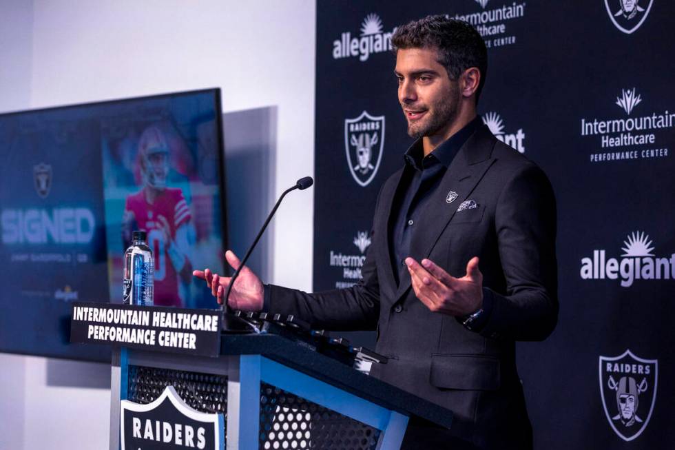 Jimmy Garoppolo speaks during a press conference at the Raiders Headquarters and Intermountain ...