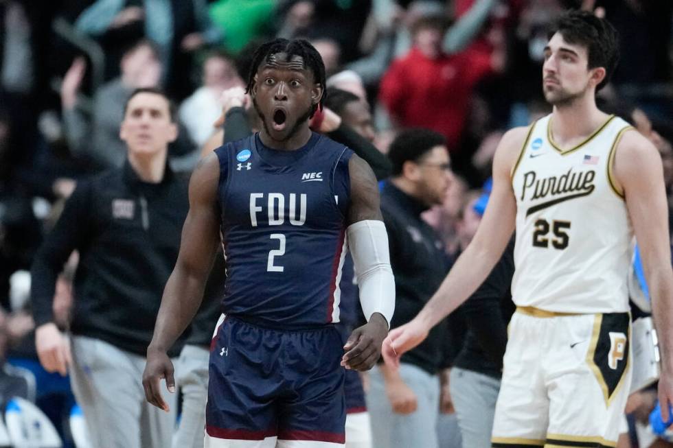 Fairleigh Dickinson guard Demetre Roberts (2) reacts as Fairleigh Dickinson took a five-point l ...