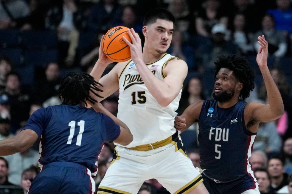 Fairleigh Dickinson guard Grant Singleton (4) celebrates after a basket against Purdue in the s ...