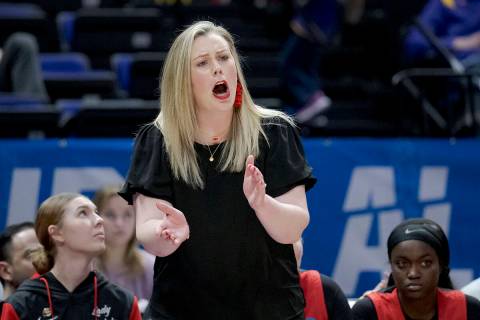 UNLV head coach Lindy La Rocque reacts in the first half of a first-round college basketball ga ...
