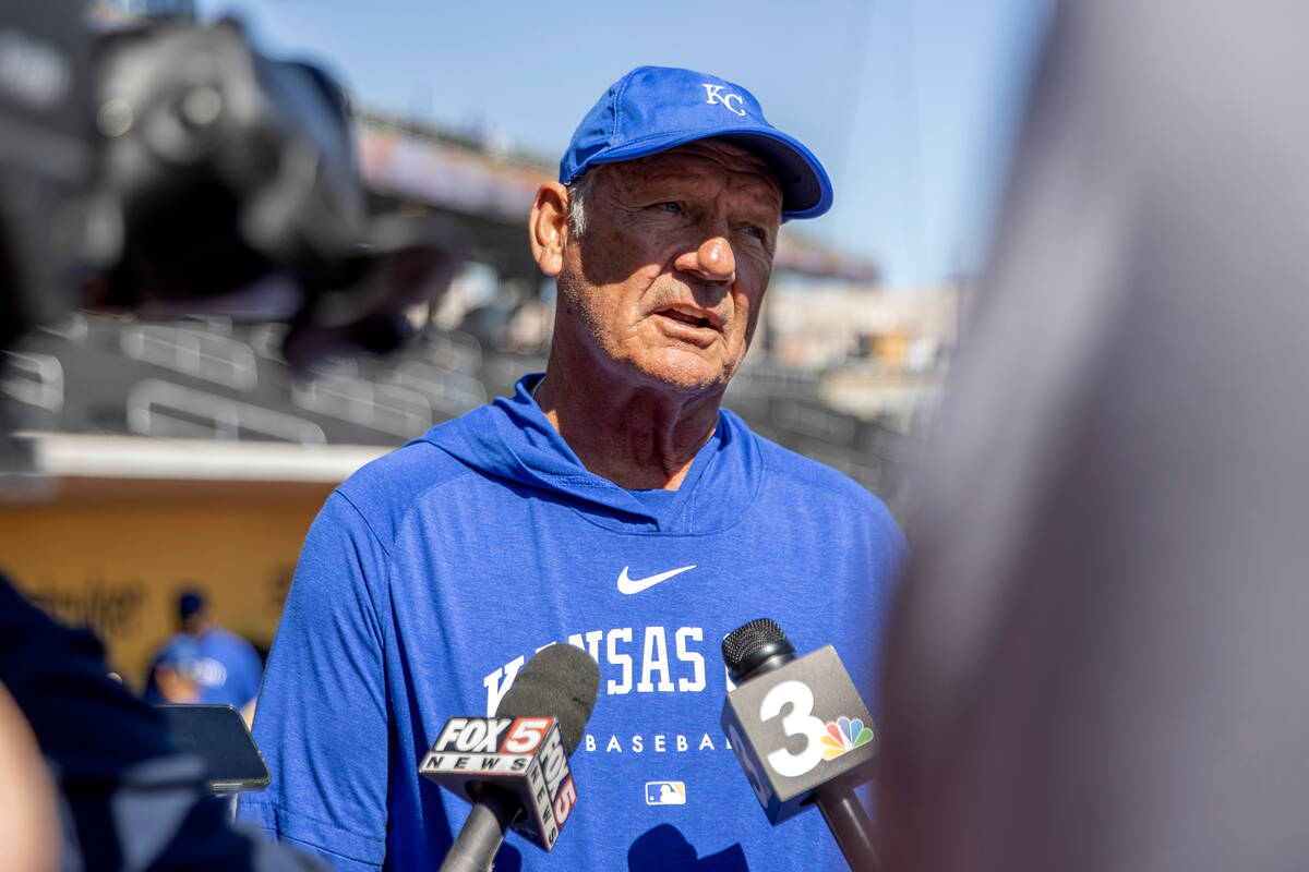 Kansas City Royals legend George Brett speaks to the media before an MLB exhibition game agains ...