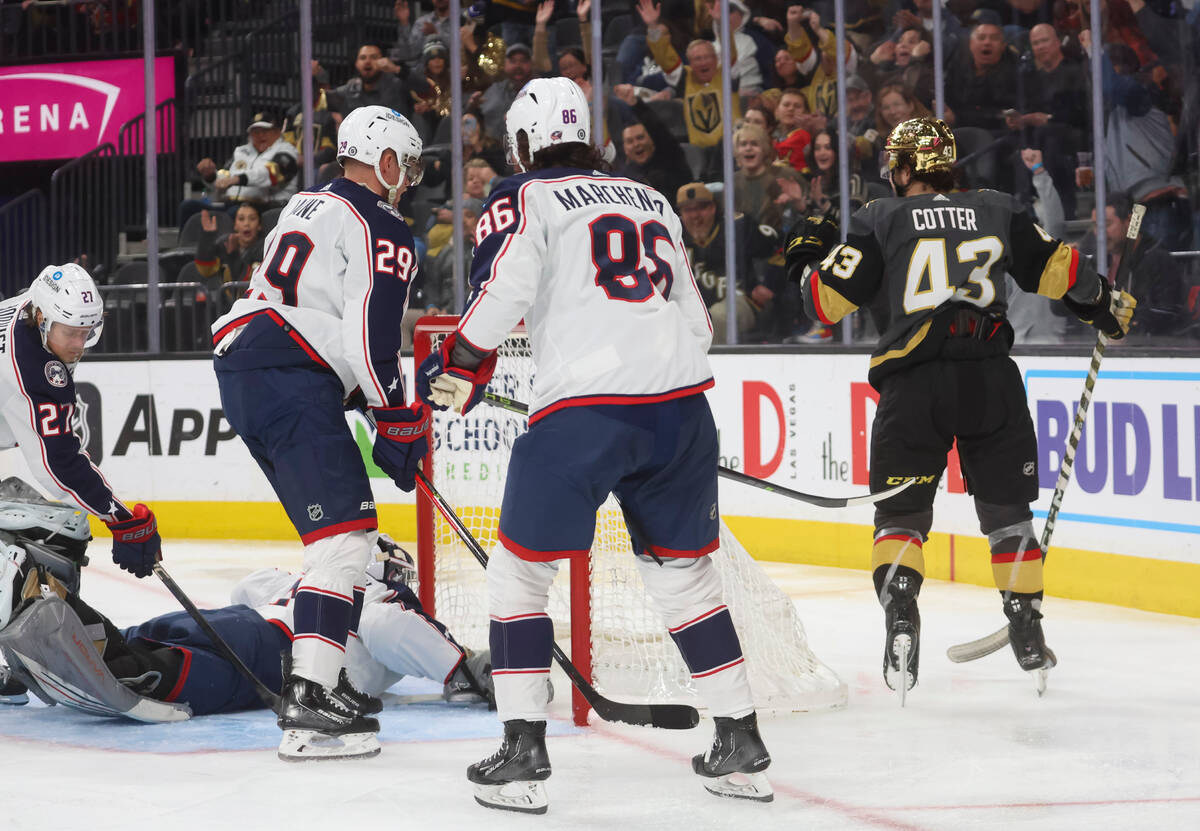 Golden Knights center Paul Cotter (43) reacts after scoring against the Columbus Blue Jackets d ...
