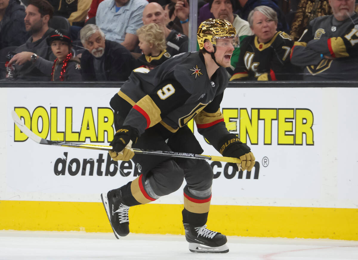 Golden Knights center Jack Eichel (9) shouts to teammates during the third period of an NHL hoc ...