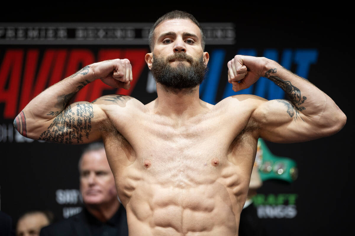 Caleb Plant poses during a weigh-in event in advance of his super middleweight title bout again ...