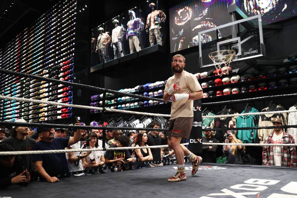 Caleb Plant participates during a media workout at Culture Kings at The Forum Shops inside of C ...